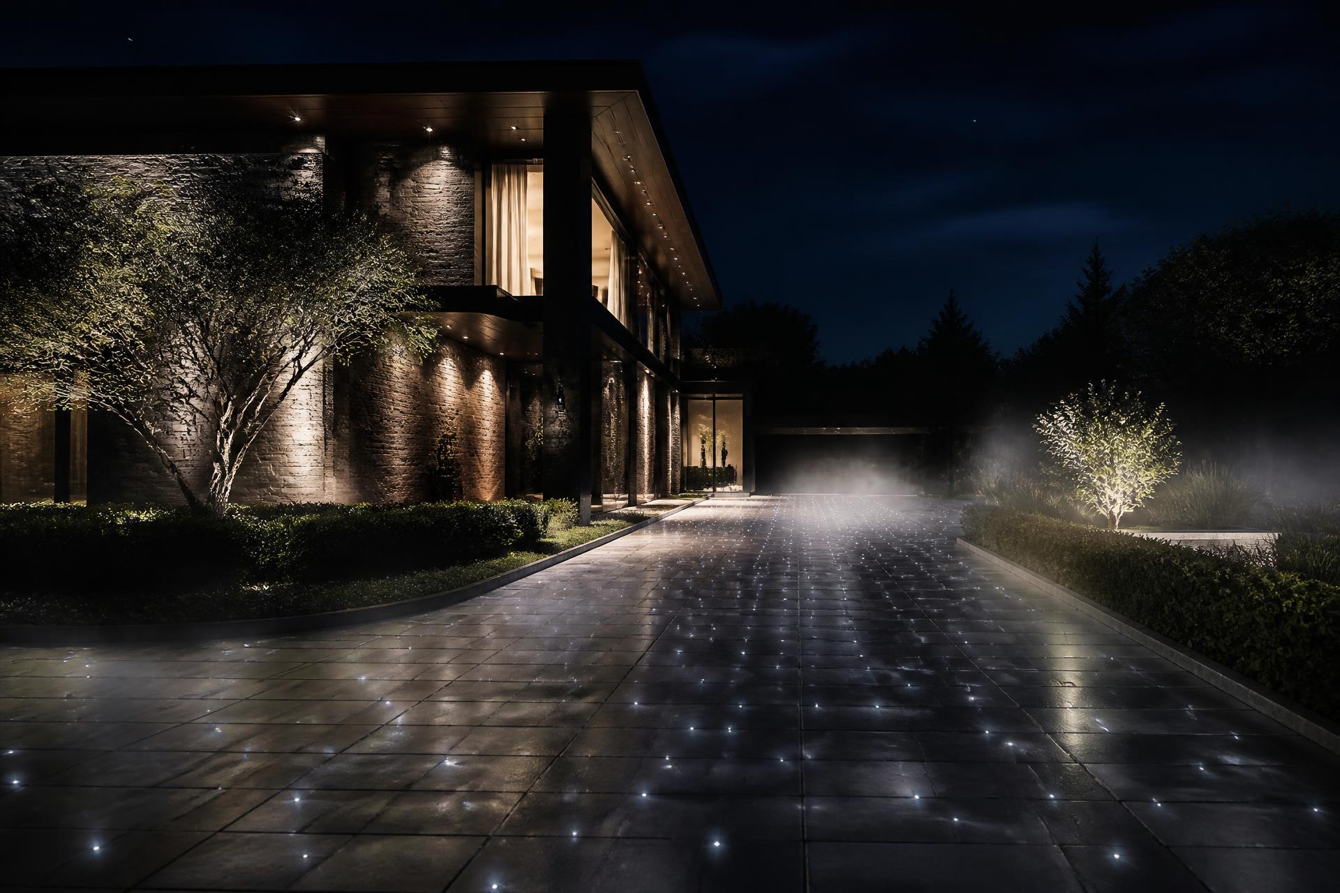 Luxury driveway paved with translucent concrete glowing at night